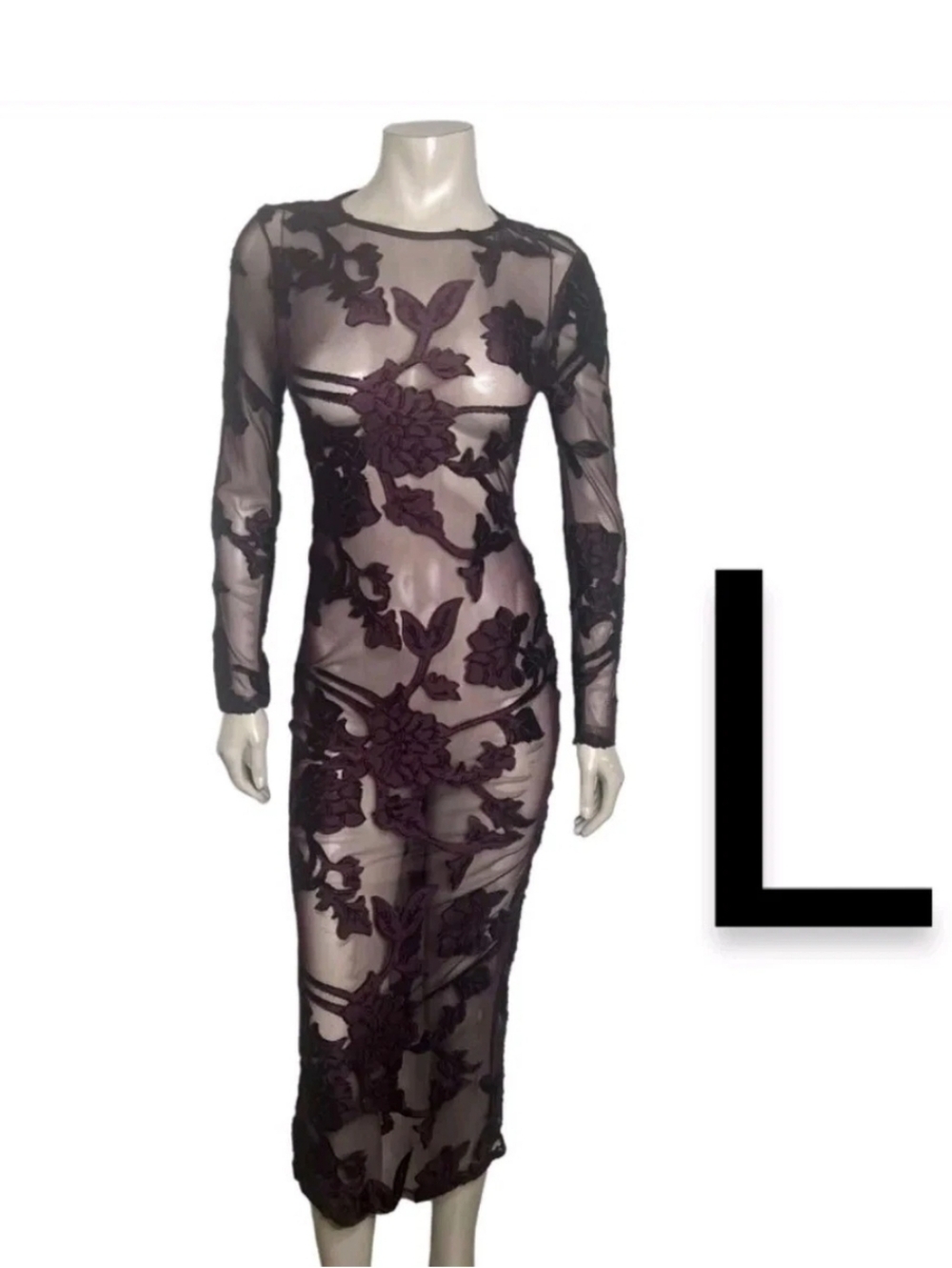 🆕Burgundy Sheer Mesh Flower Detailed Open Back & Back Slit Maxi Dress~Size L